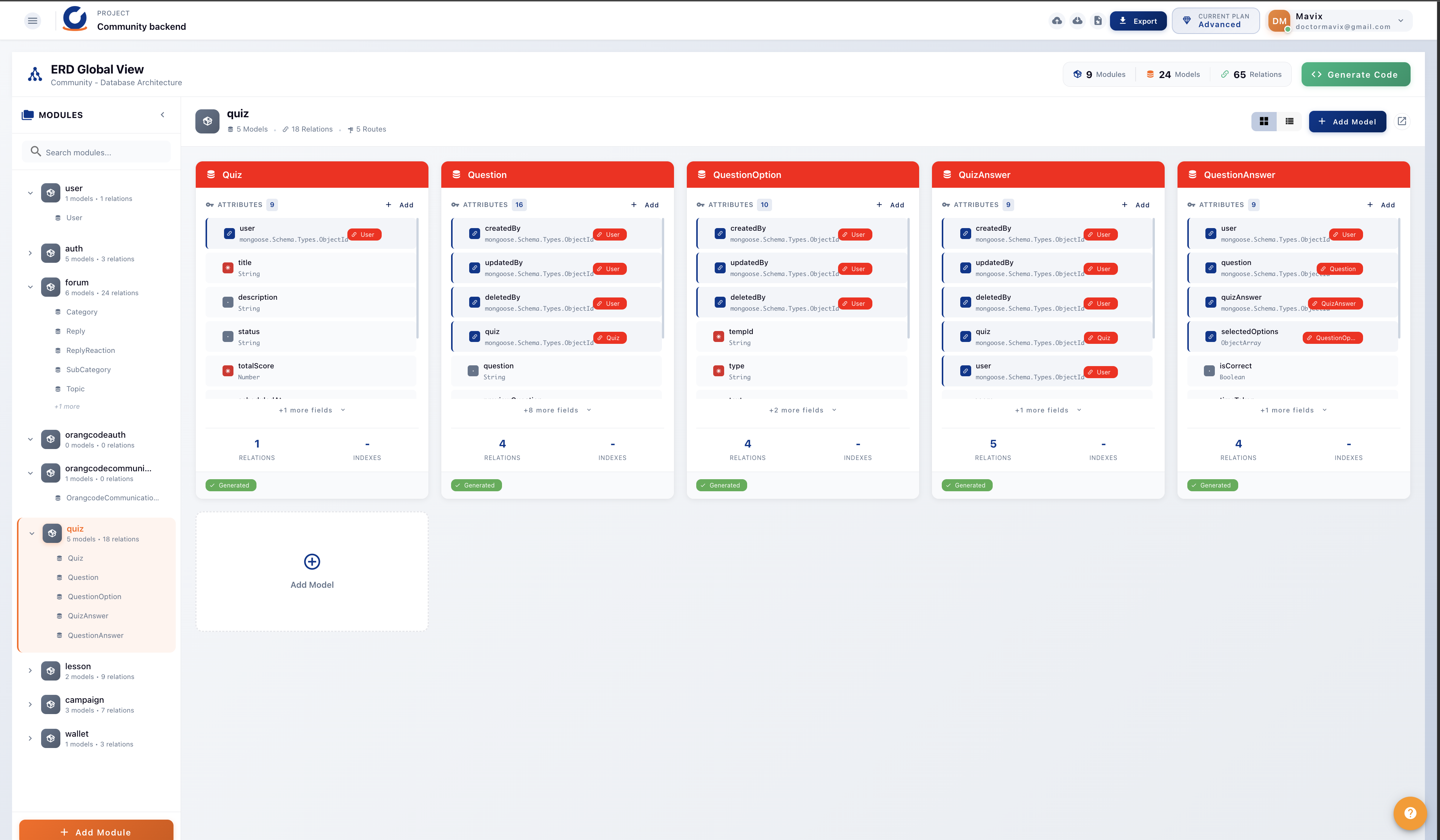 OrangCode Visual Backend Designer — ERD Global View showing modules, models, attributes and relations
