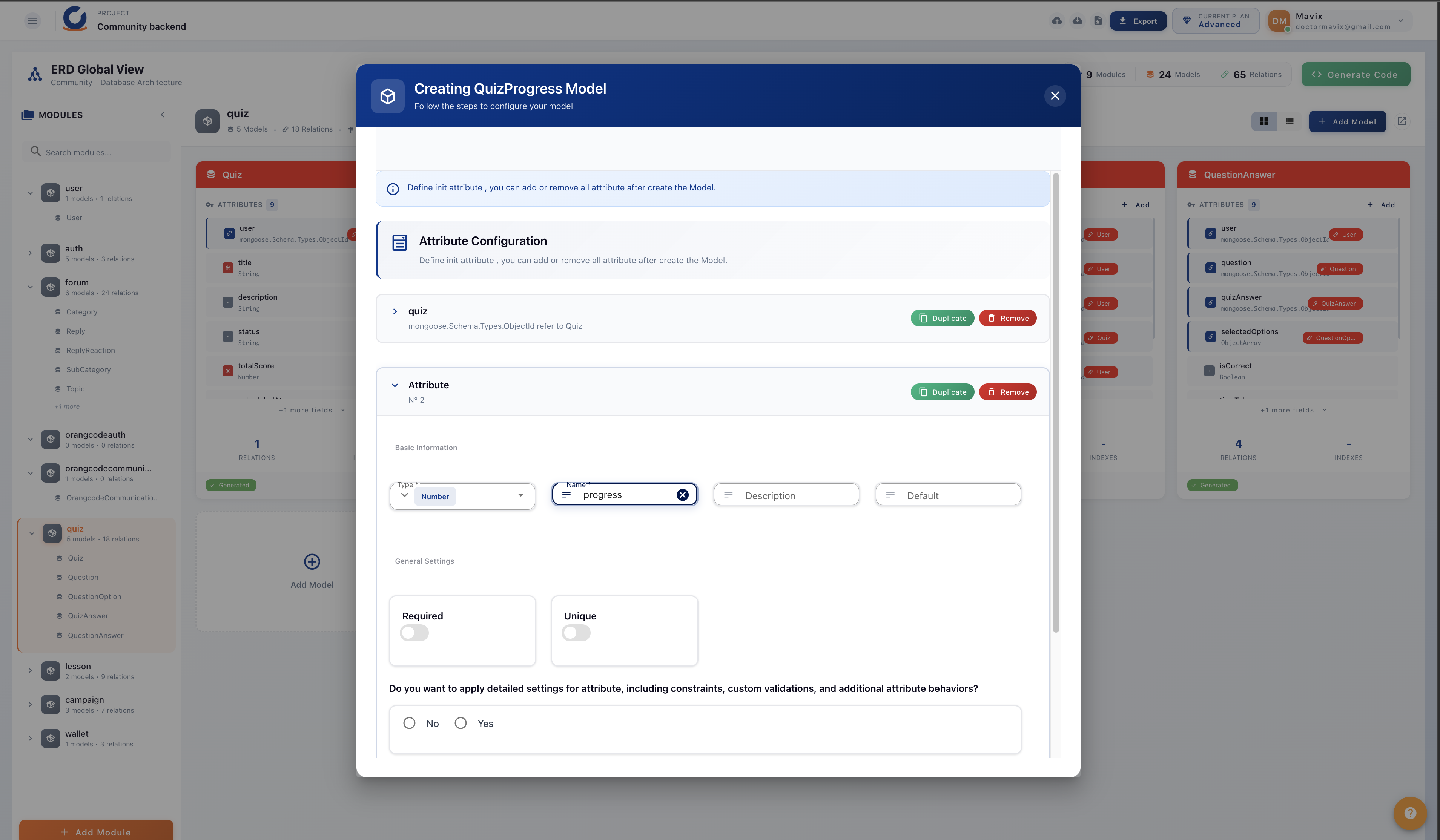 OrangCode Visual Backend Designer — ERD Global View with modules, models, attributes and relations
